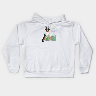Tricolor Australian Shepherd Dog with Bunny Ears and Happy Easter with Egg Kids Hoodie